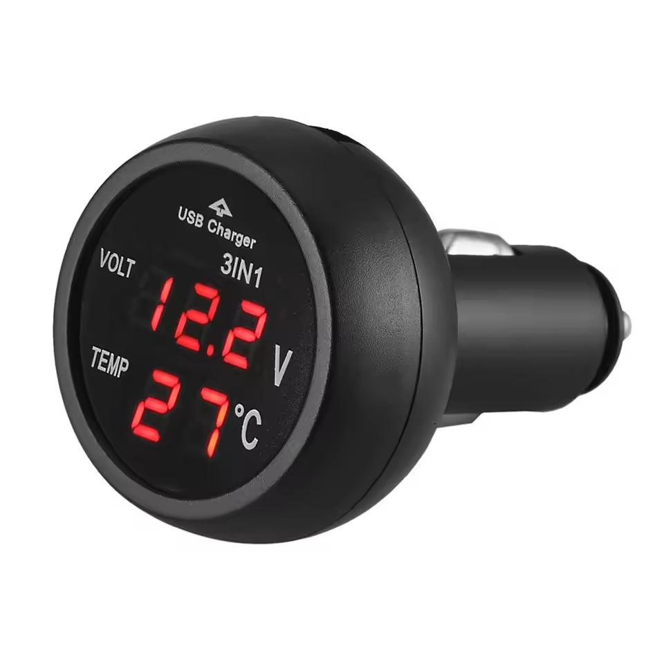 3 In 1 DC 12V/24V LED Digital Meter Display USB Car Charger Voltmeter Thermometer Car Battery Monitor LED Digital Dual Display