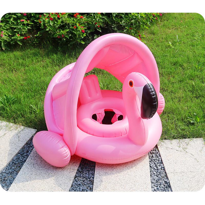 Inflatable Flamingo Seat Ring With Canopy Sunshade Cover Water Play Toy For Kids