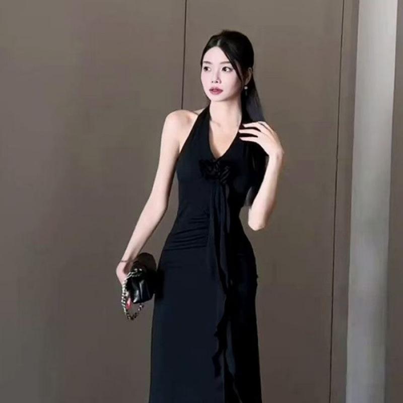 Elegant red neck sling dress for women's summer new Spice Girl sexy backless temperament waist dress