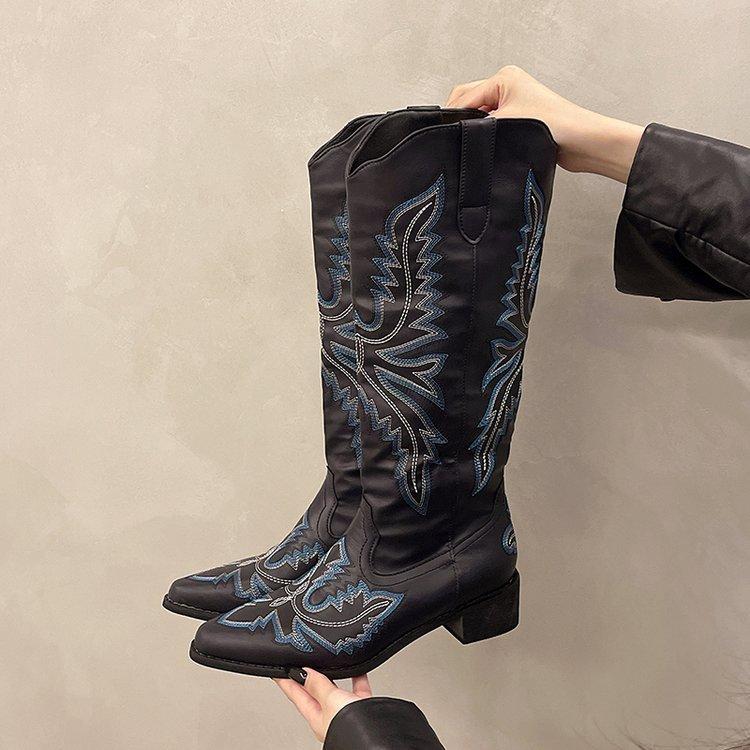 Fashion Hot Selling 2025 New Vintage Pointed Toe Thick Heel Cowboy Boot for Women Embroidered Western Cowboy Boots Shoe Designer Autumn
