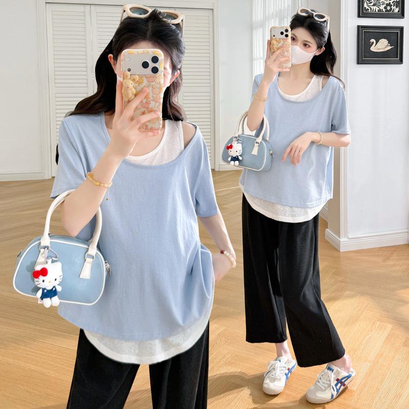 2026 Spring/Summer Plus Size Maternity Patchwork Top - Short Sleeve Trendy Mom Fashion 2XL