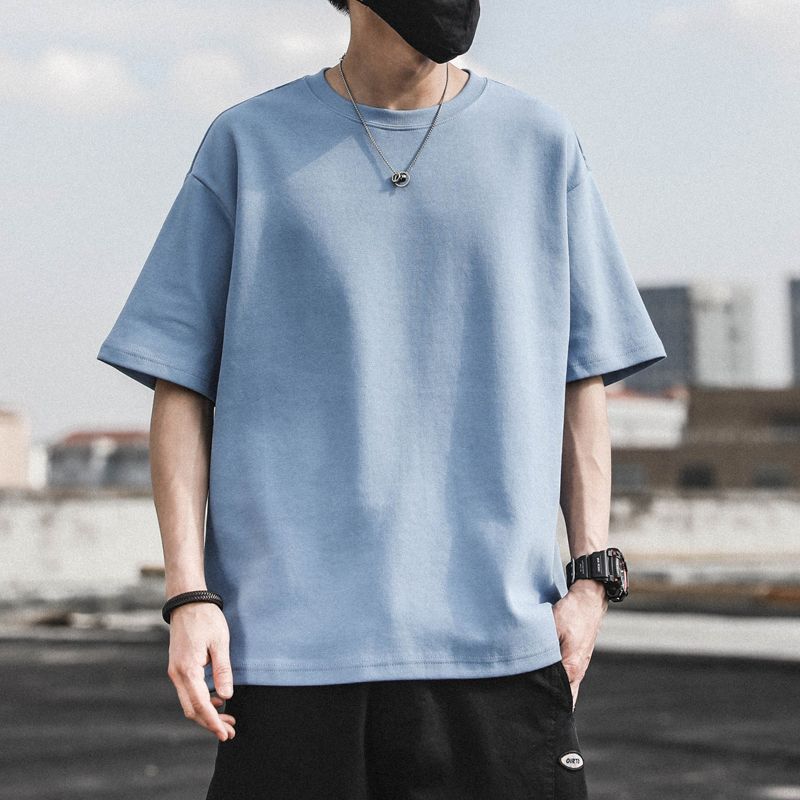 WTEMPO Brand Men's Solid Short Sleeve T-shirt Summer Loose Fashion Half Sleeve Top Breathable and Sweat-absorbing Round Neck Short Sleeve Pullovers