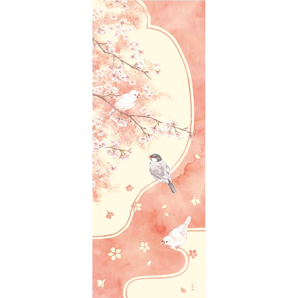 

Hama pattern picture tenugui cherry blossoms and sparrows рожевий