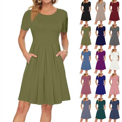 Damen Kurzarmkleid Plissee Loose Swing Freizeitkleid mit Taschen Knielange Kleider