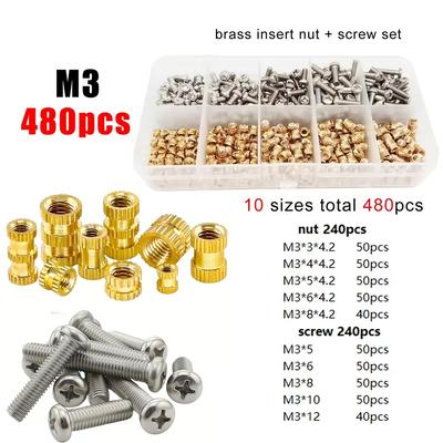 Brass Copper Twisted Spiral Hot Melt Injection 3D Printing Embedded Insert Nut Screw Kit Set, Nuts, Screws Set