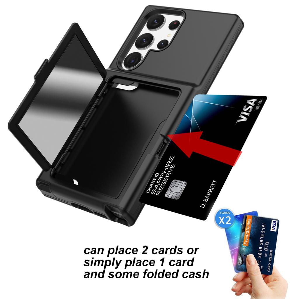 For Samsung Galaxy S23 Ultra Cardcase Series PC+TPU Phone Case Mirror Design Card Slots Kickstand Thickened Cover