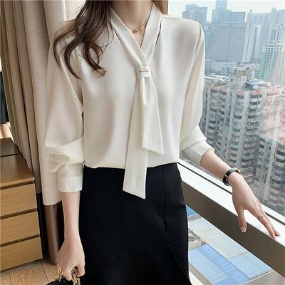 Mode Lose Fliege Langarm Frauen Casual Shirts Elegante Professionelle Weiße Lose Blusen Frauen Tops Temperament Einfache Büro Damen Shirt 26022