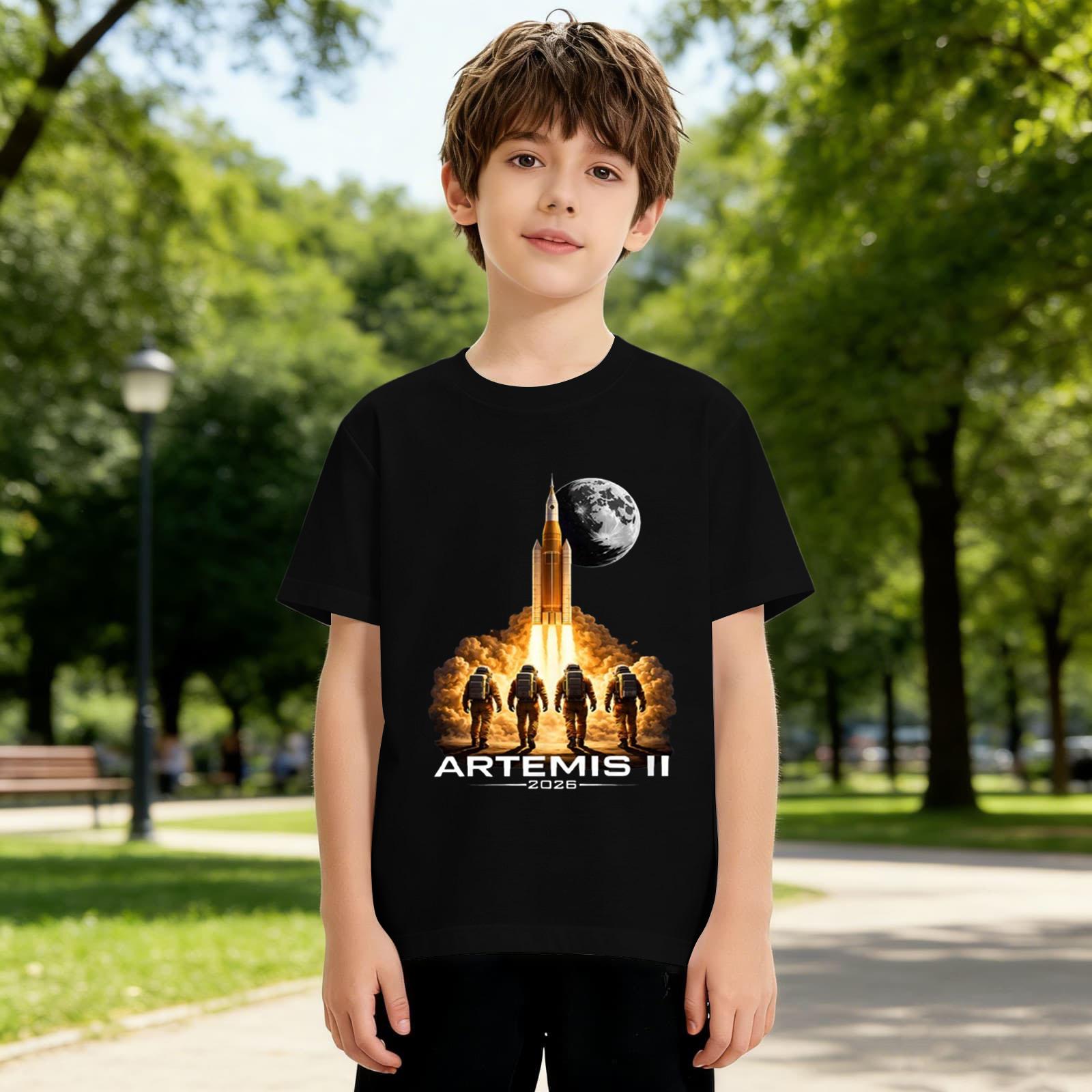 

Kids Crew Neck Short Sleeve Casual Loose Fit T-Shirt Space Exploration Graphic Print Comfortable Cotton Top for Boys and Girls 160 чёрный