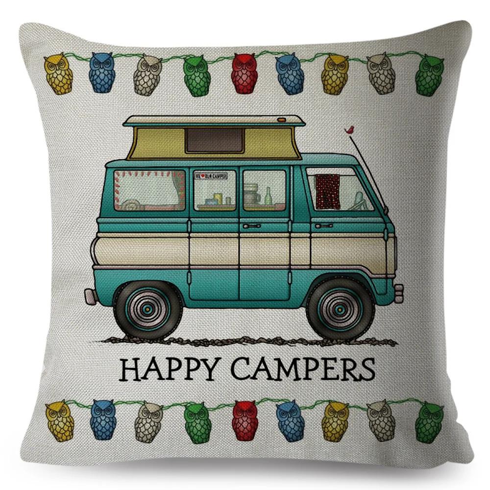 Happy Camper Pillowcase Decor Cartoon Travel Car Printed Pillow Case for Home Sofa Children Room Polyester Cushion Cover 45x45cm