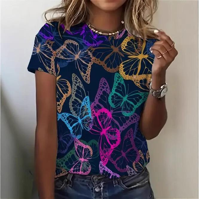 Summer Round Neck 3D Flower Butterfly Pattern Print Top Fashionable Casual Retro Short Sleeved Women's T-shirts