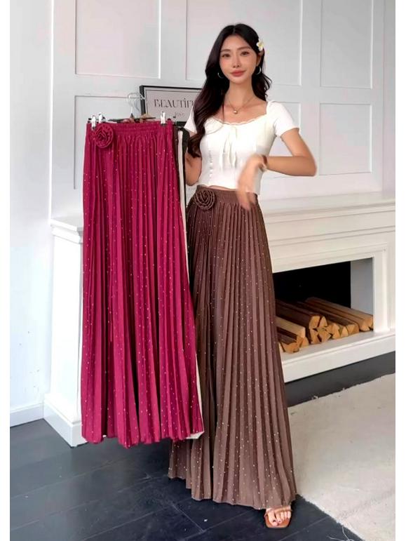 Jupe trapèze plissée à taille haute ornée de perles florales - Jupe longue amincissante pour femme, Arrivage Printemps 2026