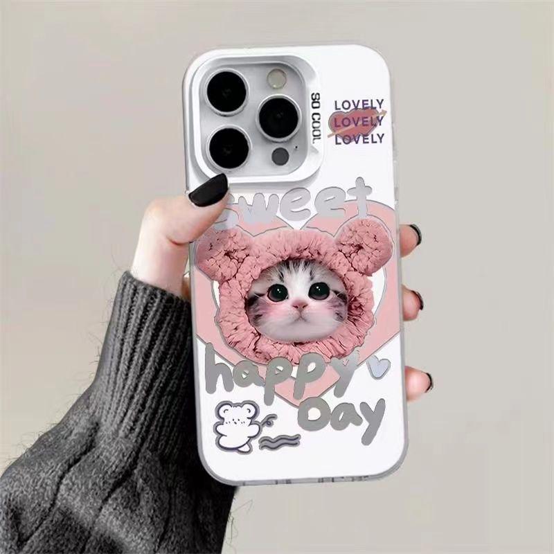 Серебристый чехол-сердечко с кошкой для iPhone 17 Pro Max / 16 / 15 / 14 / 13 / 12 / 11 iPhone 17 Air