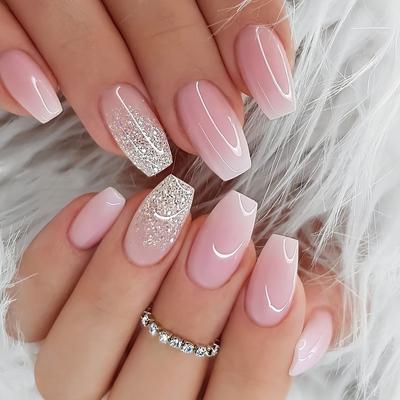 24 Stück Mittellange Ballerina-Nägel in Sargform, Kunstnägel mit Glitzerpuder-Dekor, Glitzer-Volldeckungsnägel für Frauen