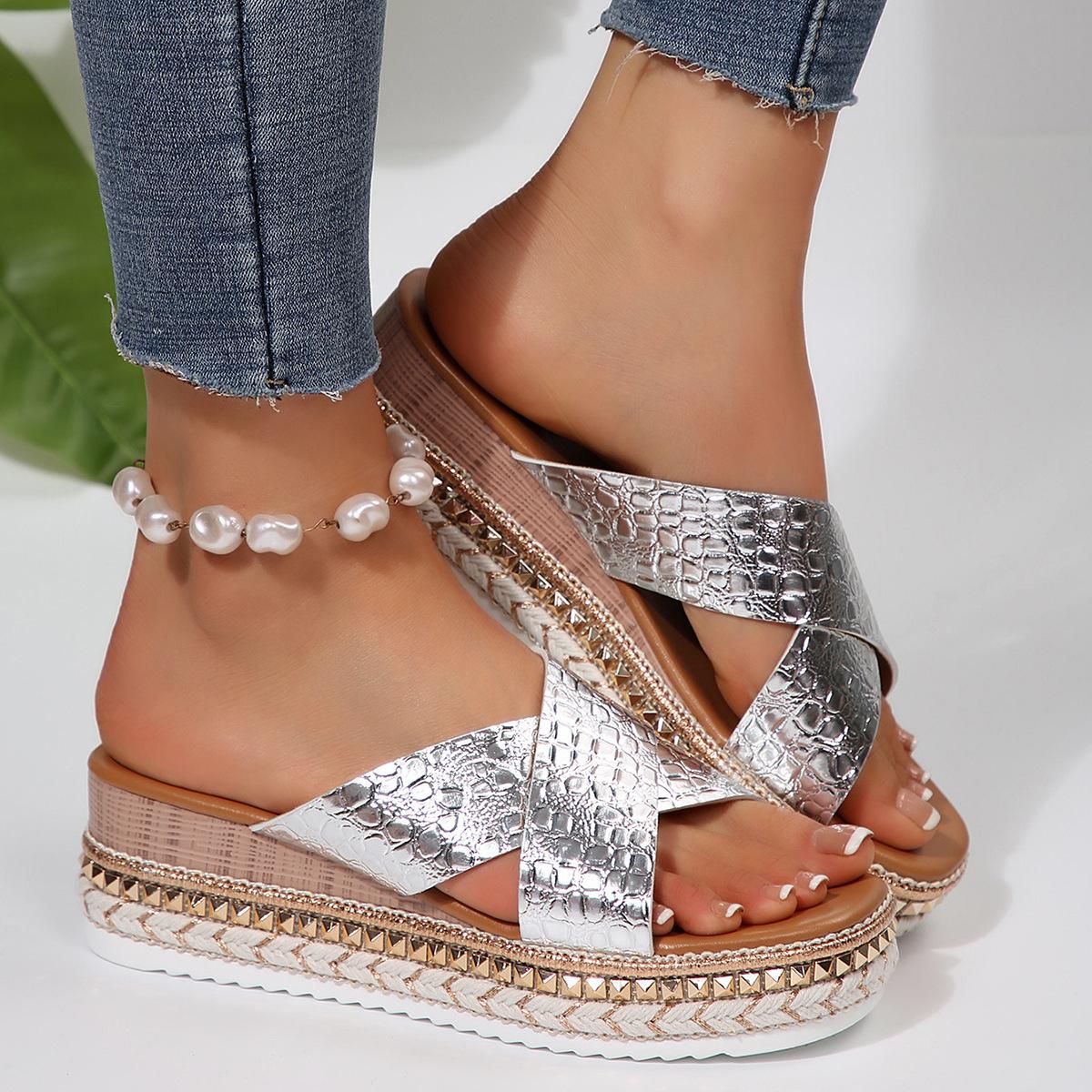 

Xiaoxiangfeng one-word slippers women s summer wear new French fisherman shoes hemp rope thick-soled heightened small cool slippers 36 серебряный