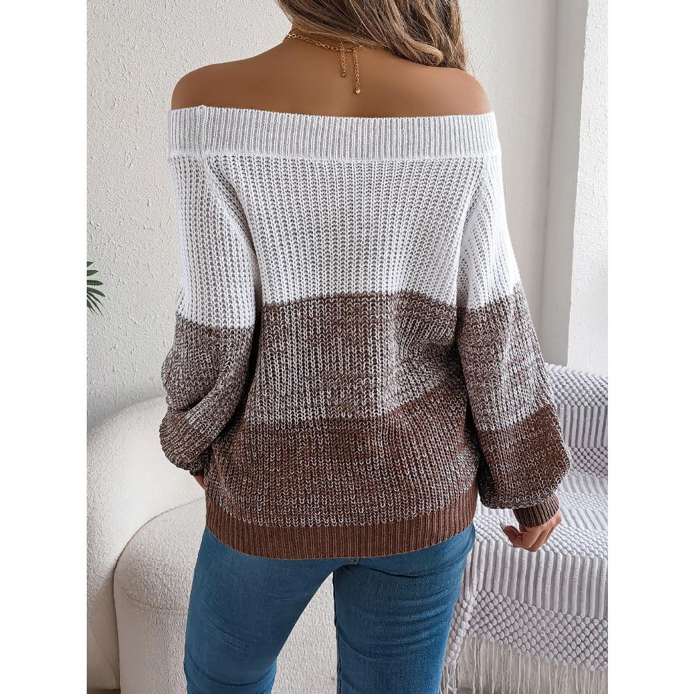 New Arrival Women's Oversized Casual Colour-Block Off-the-Shoulder Bell-Sleeve Pullover Knit Top