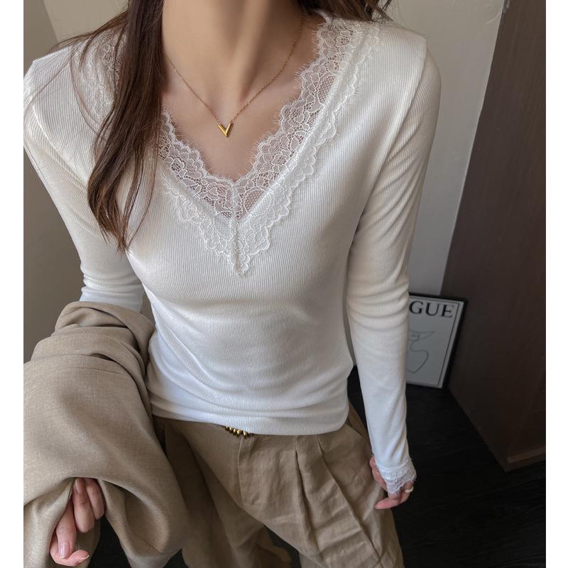 

Елегантний білий топ з V-подібним вирізом та мереживом, з низьким вирізом, що облягає фігуру, для жінок - Осінньо-зимова спідня білизна XL (suitable for 130-150 lbs) білий