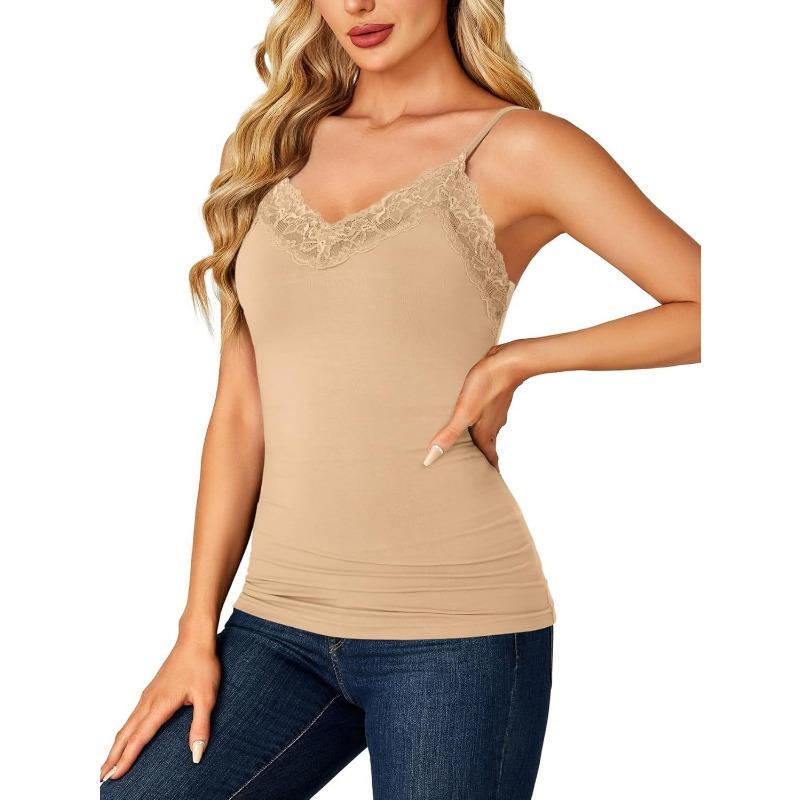 Canottiere Estive da Donna in Pizzo Scollo a V Eleganti con Spallino Sottile Blusa Vestibilità Aderente Monocolore Semplice Dolce Casual Senza Schiena Moda Camicie Eleganti