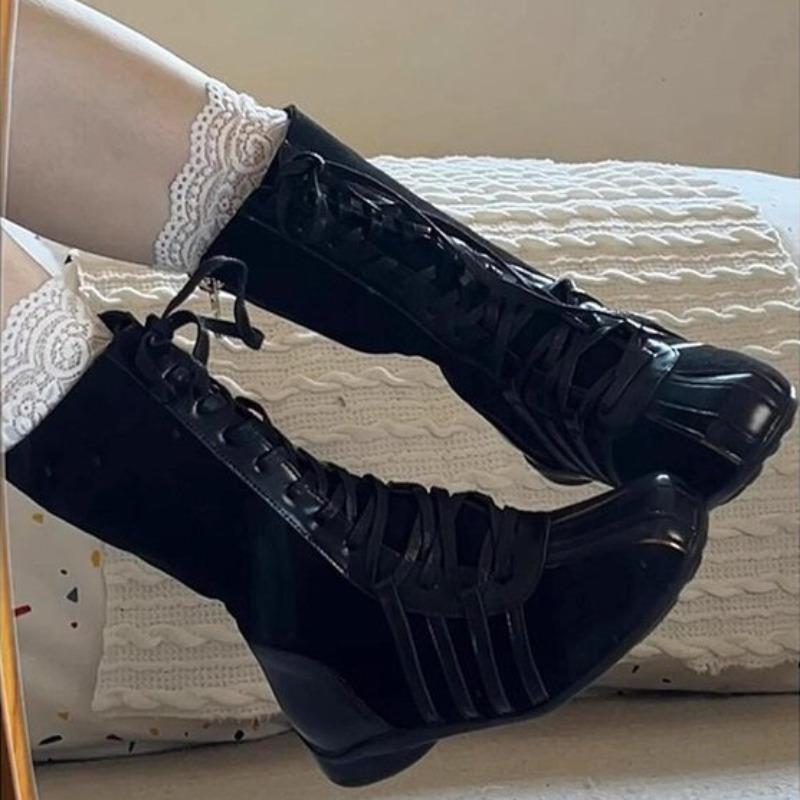 Fashion Low Heel Single Boots Autumn New Round Toe Spliced Front Lace-Up Side Zipper Anti-Slip Wear-Resistant Mid-Tumble Boots