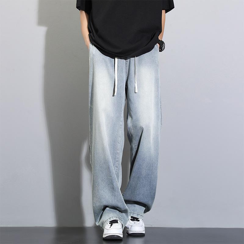 Men's Pink Blue Gradient Jeans, Casual Loose Fit Drawstring Wide Leg Denim Pants