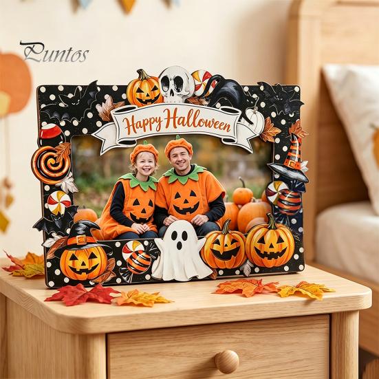 Waterproof Photo Frame Halloween Wooden Frame, Pumpkin Ghost Cat Cutout Picture Holiday Portrait Holder, Double-sided Tabletop Decor for Home