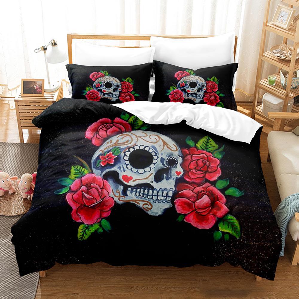 Roses and Skulls All Season Twin Bedding Set Single Twin Full Queen King Size Bed Set Aldult Kid Bedroom Duvetcover Sets Anime