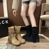 Retro wasteland fringed knight boots autumn design thick heel but knee Martin boots versatile fashion mid boots