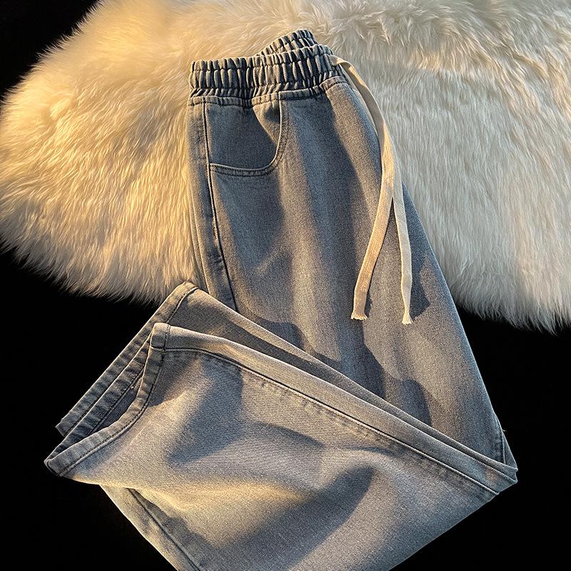 Women's 2023 Trendy Loose Fit Elastic Waist Wide-Leg Jeans with Drawstring for Spring and Summer