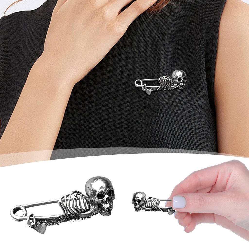 Skeleton Shaped Safety Pin Brooch Metal Alloy Skull Design Halloween Accessory Lapel Pin Decoration for Clothing Bags and Hats