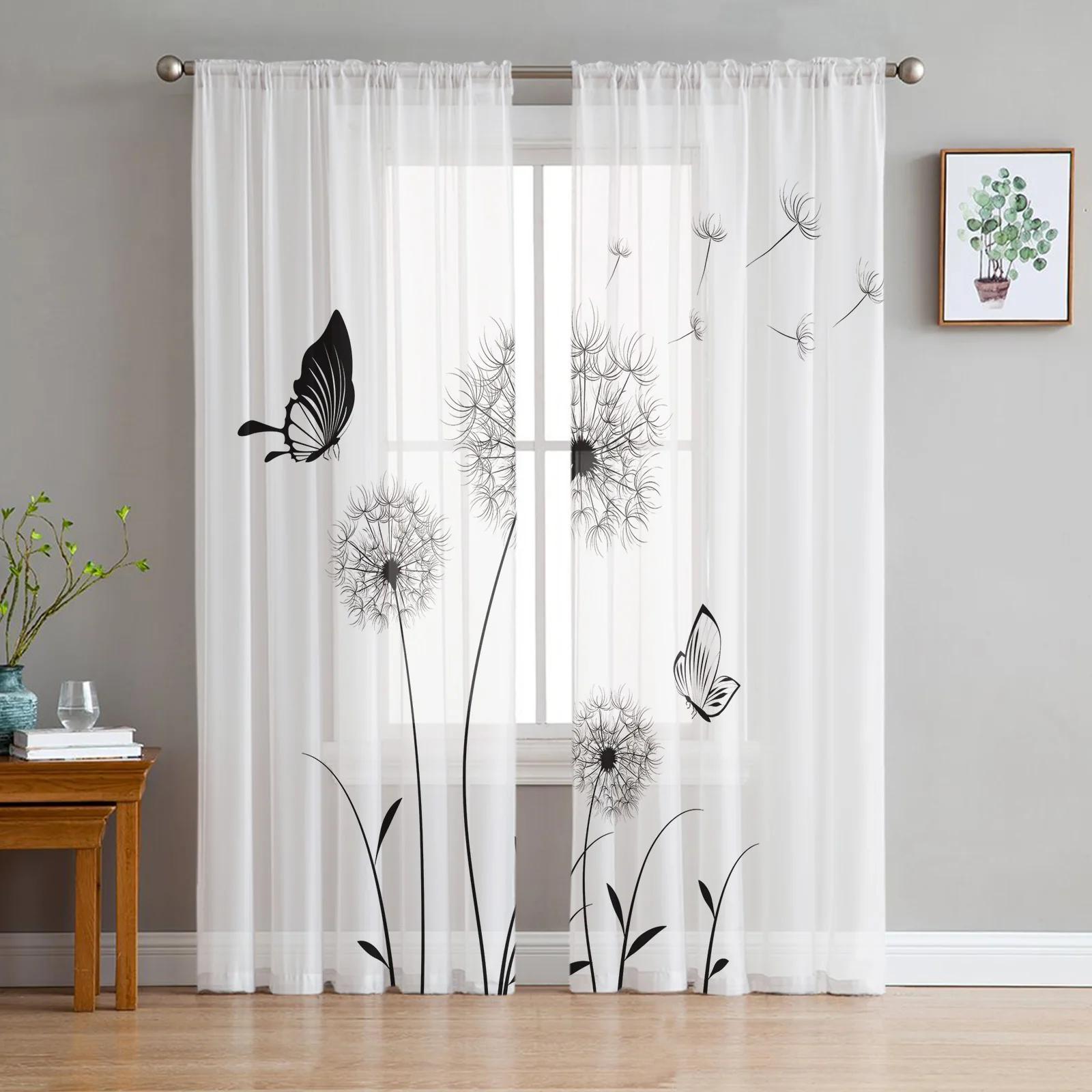 Schwarz-weiße Löwenzahnpflanze Tüll Fenstervorhänge Wohnzimmer Organza Sheer Voile Vorhang Schlafzimmer Küche Wohnkultur Drapieren W135 x H115cm x1&Rod Pocket