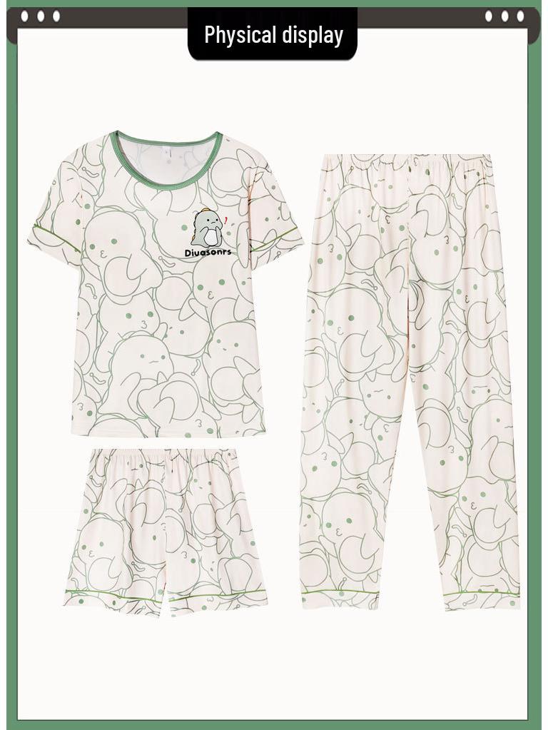 Women's Loose Summer Cartoon Pajama Set: Cute Short Sleeve Top & Long Pants for Spring/Autumn