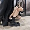 Leather Retro Platform British Style Chelsea Short Boots Women's Autumn and Winter Velvet Medium Tube Pleated Cigarette Boots Martin Boots