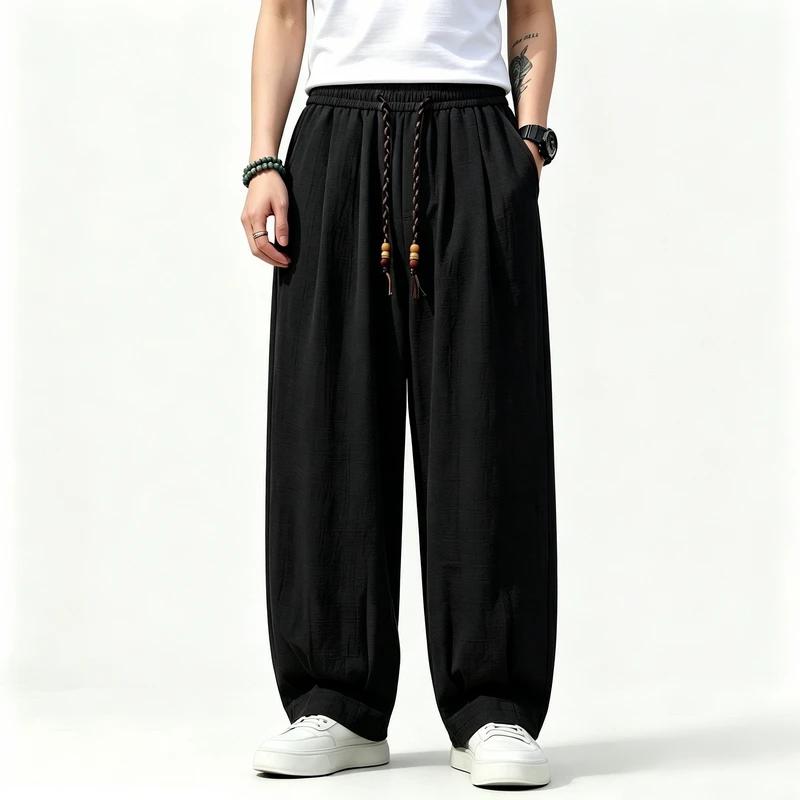2026 Men New Chinese Style Imitation Linen Casual Pants Loose Lantern Harem Pants Elastic Waist Lightweight Trousers Streetwear