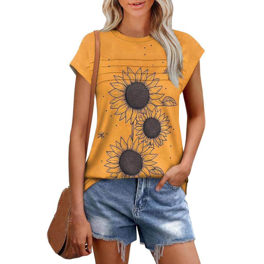 Damenmode Lässig Kurzarm Basic Textur Floral Rundhals T-Shirt Kappenärmel Top