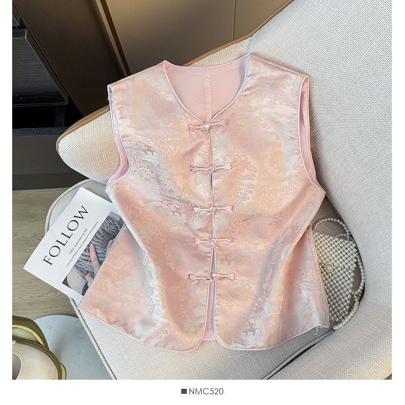 

2025 high-end button-up jacquard sleeveless vest vest women s spring fashion loose top M [Recommended below 50kg] рожевий