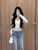 Women's Autumn/Winter White V-Neck Lace Velvet Lined Slim-Fit Top
