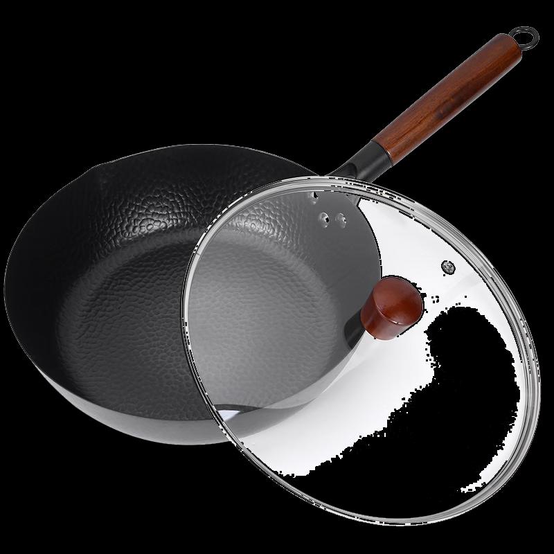 AIMOMA Hand-Forged Wrought Iron Wok with Lid, 34cm Round Bottom