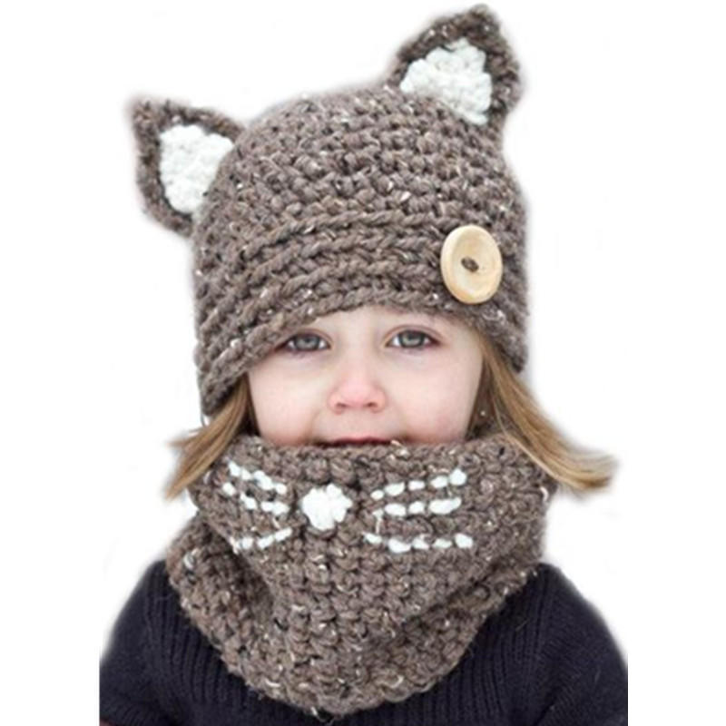 

New kitten ears cute children s wool hat knitted hat scarf two-piece hat autumn and winter hat Adjustable