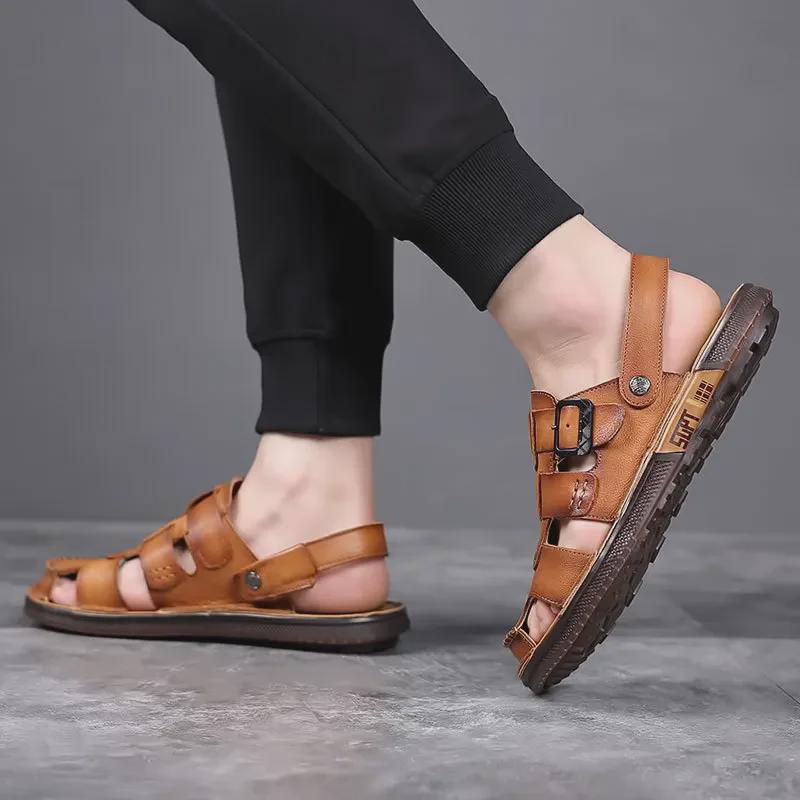 Genuine Leather Men's Summer Sandals - Closed Toe, Non-Slip Outdoor & Driving Shoes with Trendy Cowhide Sole