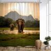 1pc Majestic Elephant Bath Curtain - Serene River Scene with Golden Sunset & Misty Mountains, Lush Green Foliage Design,