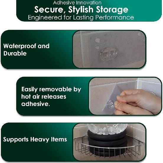 Adhesive Shower Caddy Replacement Sticker - Flat Hooks for Bathroom Organizer and Kitchen - Transparent Strong Hooks - 6 Pack