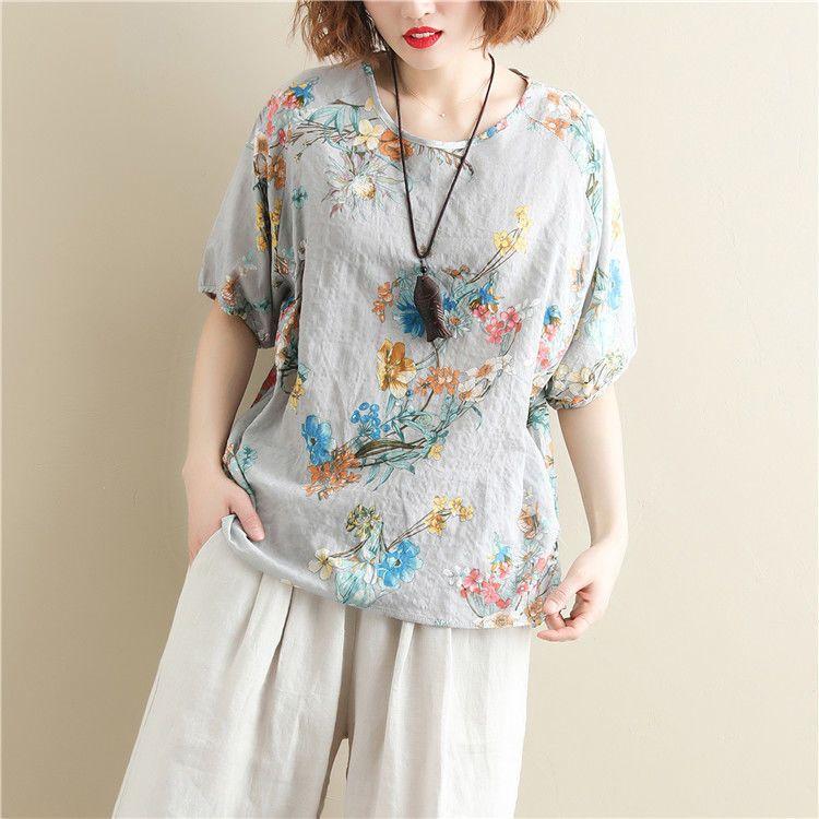 Vintage Printed O-Neck Half Sleeve Shirt Oversized Loose Commute Women's Clothing Summer Fashion Casual Blouse