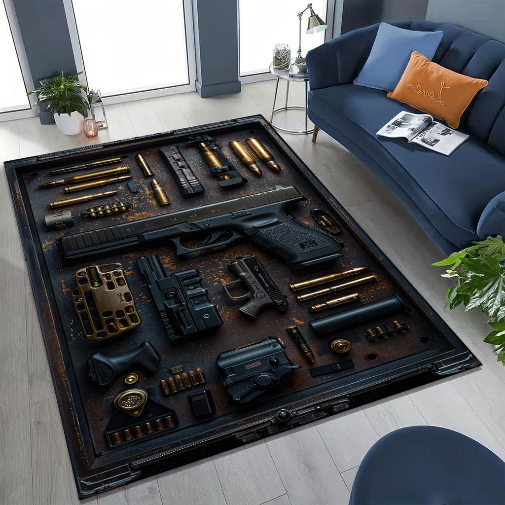 Holz Metall Waffenkoffer Boxx Militärausrüstung Moto Teppich für Schlafzimmer Wohnzimmer Sofa Zuhause Fußmatte Dekor, Kinder Spiel Rutschfeste Bodenmatte