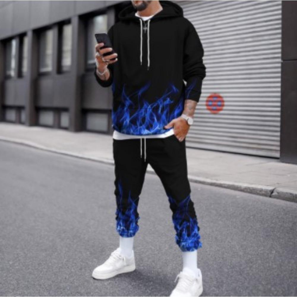 Fashion Flame 3D Print Hoodie Pant Sets Men Casual Hip-hop Sweatshirts Sweatpants Two Piece Suits Tracksuit Man Street Clothing