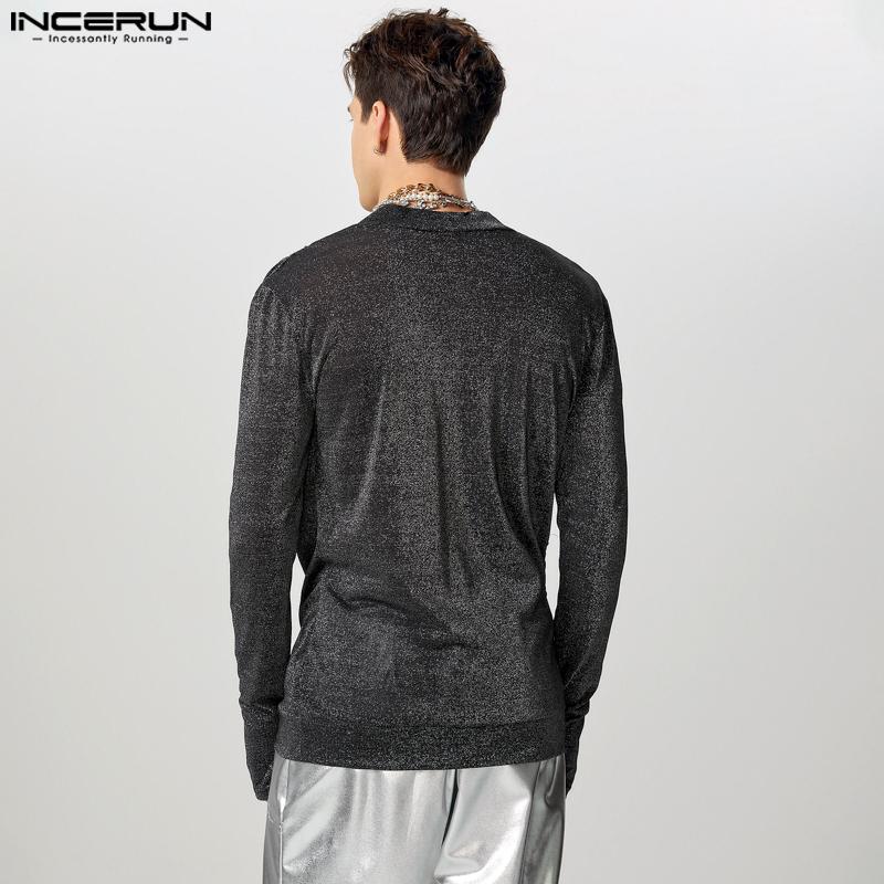 INCERUN Men V Neck Long Sleeve Glitter Front Cross See Through Tops T-shirts
