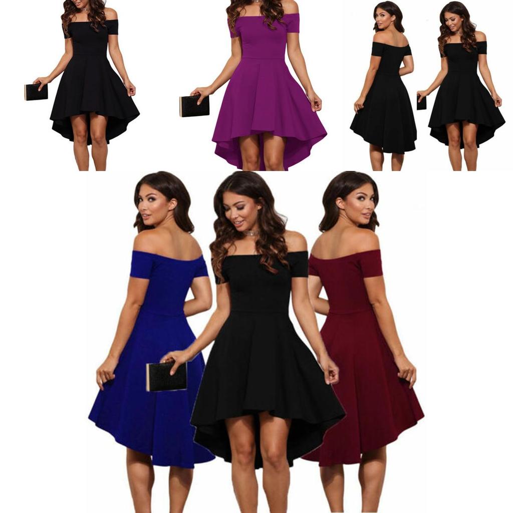 Elegant Women Short Sleeve Off Shoulder High Low Skater Cocktail Formal Dress