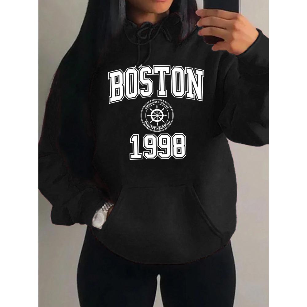 Boston City 1998 Art Letter Printing Hoody Women Pocket Y2K Fleece Hoodie Autumn Multicolor Sportswear Loose Clothes