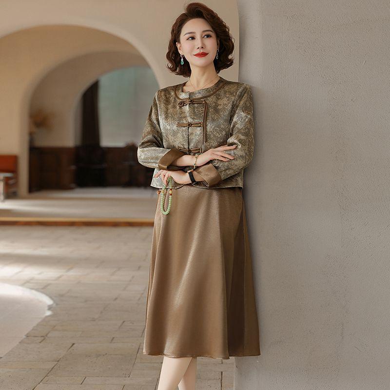 Spring & Autumn Chinese Style Two-Piece Set: Elegant Coat and Mid-Length Skirt for Middle-Aged Women