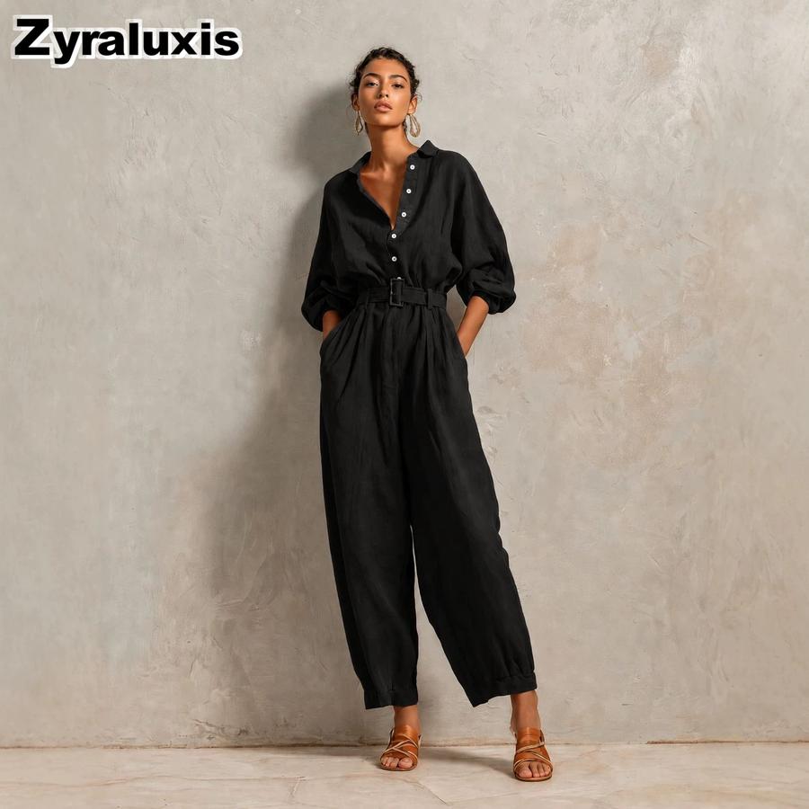 Autumn New Arrivals Women's Linen Casual Long Sleeve Jumpsuit