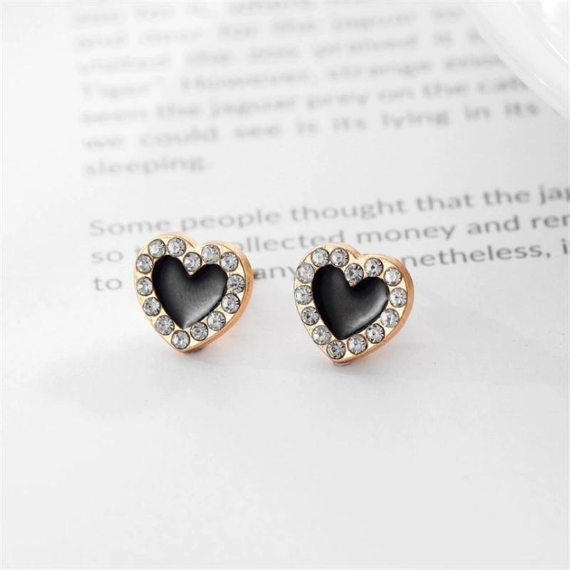 

New Small Heart Enamel Black Crystal Rhinestone Stud Earrings for Women Wedding Zircon Christmas Girl Valentine s Day Gift