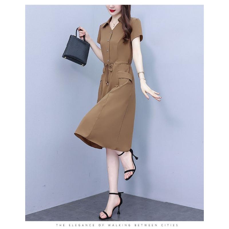 YYFS Damenmode Sommer Frühling Einfarbiger Druck Kurzarm POLO-Ausschnitt Hohe Taille Freizeitkleider